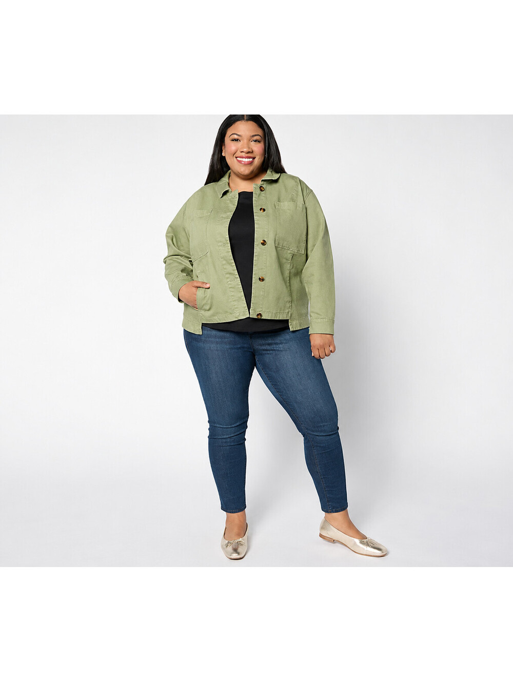 Studio Park X Amy Stran Denim Button Front Utility Jacket- Color Olive, X-Large
